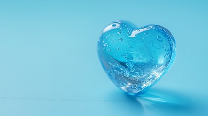 Crystalline heart shaped water droplet on blue background for romantic design themes and minimalist decor