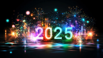 Vibrant fireworks illuminate night sky with colorful 2025 display, reflecting on water.
