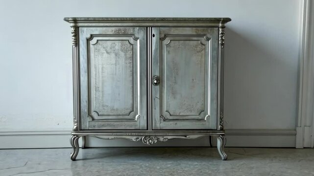 A silver cabinet with ornate details stands against a white wall