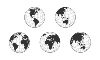 World globes set. Europe, Asia, America, Oceania globe maps with sphere grid. Earth globe icons isolated on white background. Vector illustration.