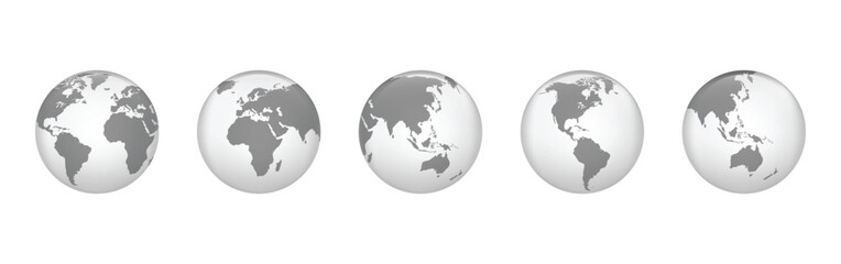 Transparent globes set. America, Europe, Africa, Asia, Oceania. 3d globe map. Earth globes icons. Vector illustration.