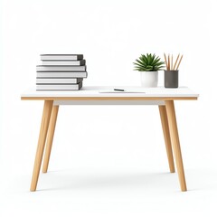Fototapeta premium Minimalist desk setup with books, a plant, and stationery. Ideal for workspace inspiration and organization.