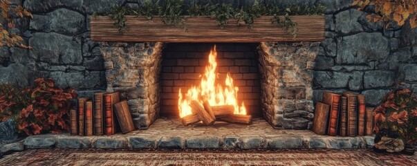 Fototapeta premium A cozy fireplace scene with a warm fire, surrounded by books and autumn foliage.
