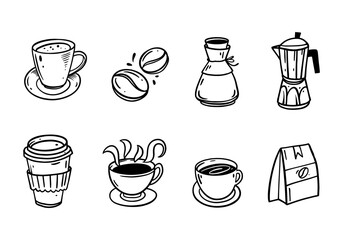 An artistic hand-drawn illustration featuring various coffee elements and accessories