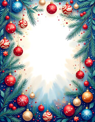 Christmas background with christmas tree branches and balls, christmas greeting card,  merry christmas party invitation template, Christmas holiday decorations blank	