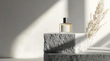A perfume bottle on a stone platform with soft sunlight and shadows.
