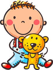 Happy cartoon baby sitting and playing with teddy bear, isolated illustration