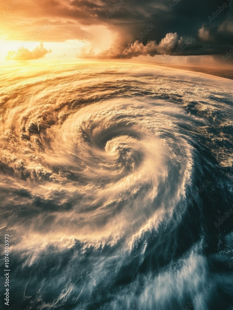 Poster A massive hurricane develops over the vast ocean waters as the sun sets, revealing swirling clouds and intense weather patterns. Generative AI