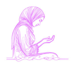 sketch illustration of a female moslem is praying - view from side (artwork 1)