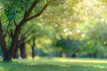 Fototapeta premium Blur park garden tree in nature background blurry green bokeh light outdoor in summer background