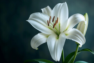 Fototapeta premium Elegant white lily blooms with green backdrop in soft light