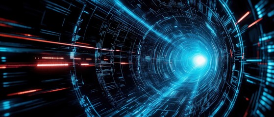 Obraz premium A futuristic tunnel of light and digital patterns, conveying a sense of motion and advanced technology.
