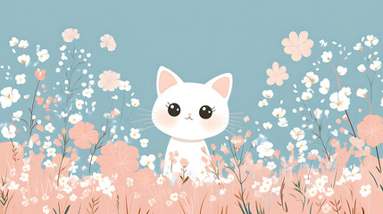 Cute cartoon cat surrounded by pastel flowers in whimsical garden setting. This delightful illustration features charming white cat with big eyes, evoking sense of joy and playfulness