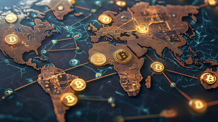 A world map with interconnected cryptocurrency icons, illustrating global adoption and borderless transactions. create image for this chapter: Breaking Down Barriers: Global Adoption and Use Cases 