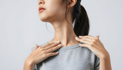 Teenage girl practicing EFT or emotional freedom technique - tapping on the collarbone point isolated with white highlights, png