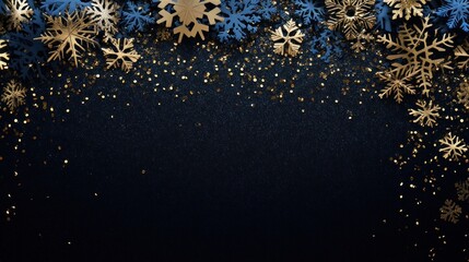 A luxurious dark background with 3D gold and blue snowflakes design decoration glittering.