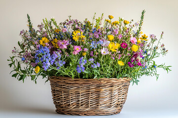 Vibrant wildflowers arranged in a wicker basket on a plain background