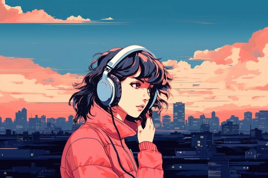 Girl listening music on trian headphones headset adult.
