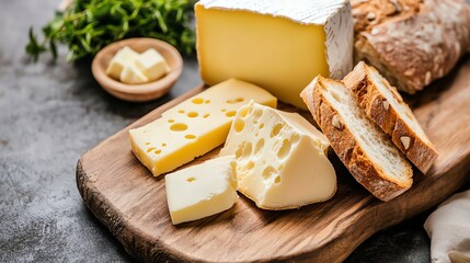 A cheese and bread board with a variety of cheese and bread.
