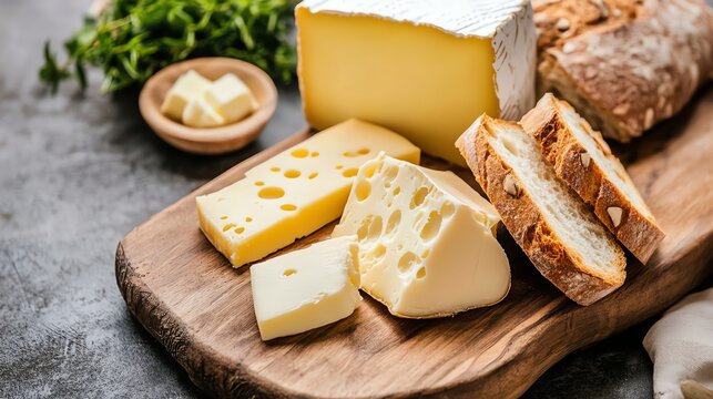 A cheese and bread board with a variety of cheese and bread.