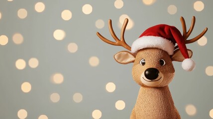 Fototapeta premium A festive reindeer wearing a red Santa hat stands against a soft background with bokeh lights, embodying the cheerful spirit of the holiday season.