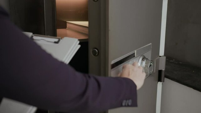 Cropped shot of anonymous office worker putting documents and folders in safe