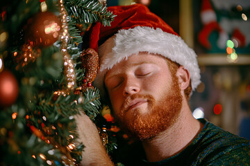 redhead man with his head close to a christmas tree