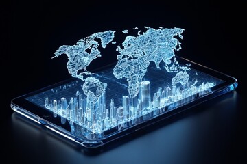 Global Expansion Strategy on Digital Tablet, showcasing a detailed map highlighting international growth opportunities, sleek design emphasizes clarity and focus on global markets.