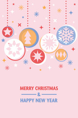 Christmas poster with ornaments. Decorated bauble and snowflakes. Vector illustration