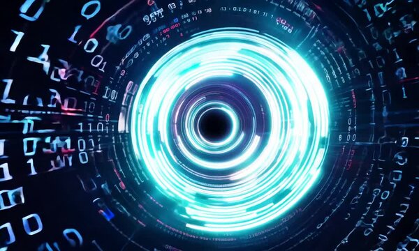 Digital Vortex: A mesmerizing abstract composition of swirling neon lights and binary code, creating a dynamic visual representation of the digital world.  