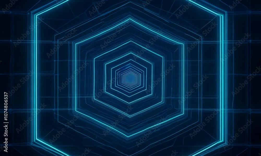 Wall mural cybernetic hexagon tunnel: abstract digital art depicting a mesmerizing tunnel of glowing cyan hexag