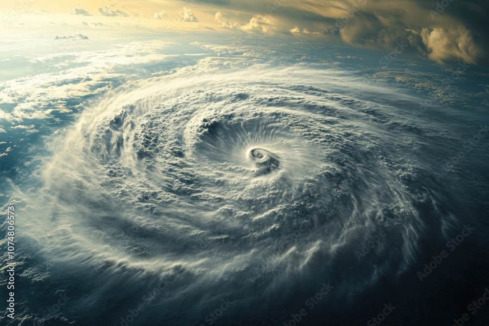 Poster A powerful hurricane churns in the open ocean, showcasing its swirling clouds and well-defined center as daylight fades. Generative AI