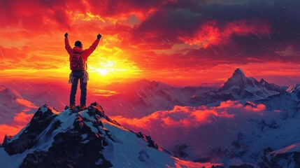 Fototapeta premium Climber Reaching the Summit at Sunset