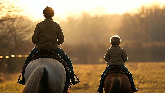 Child Learning to Ride with Guidance in Countryside Stable