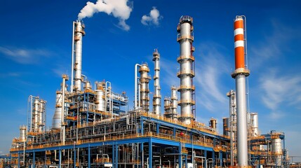 Obraz premium A large industrial plant with many tall smokestacks. The sky is blue and there are clouds in the background