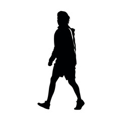 a silhouette of a person walking in a sporty outfit, such as a track jacket and shorts
