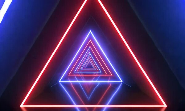 Neon Triangle Tunnel:  A mesmerizing digital art piece featuring a vibrant tunnel of glowing red and blue neon triangles, creating an immersive and futuristic atmosphere.