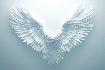 Obraz premium A pair of stylized angel wings made from layered white materials against a light background.