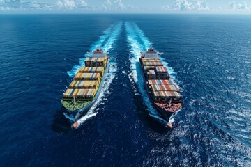 Cargo Ships Confrontation, a dramatic scene depicting two large vessels in a standoff, representing escalating trade tensions and fierce economic competition on the high seas