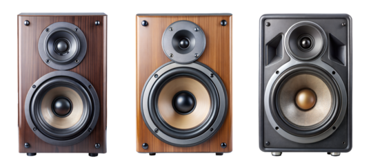 Collection of three modern speaker units in wood and matte black finishes, showcasing different woofer and tweeter designs for high-quality audio performance, isolated on a white background. PNG, 