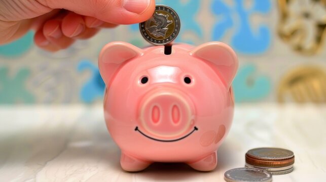 Hand inserts coin into happy piggy bank. Coins beside it. Out-of-focus world map in background. Implies saving money with frugal, minimalist approach. - Powered by Adobe