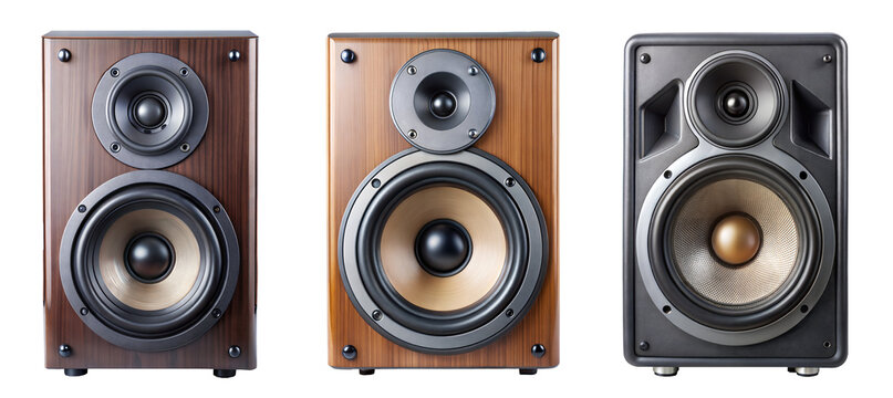 Collection of three modern speaker units in wood and matte black finishes, showcasing different woofer and tweeter designs for high-quality audio performance, isolated on a white background. PNG, 