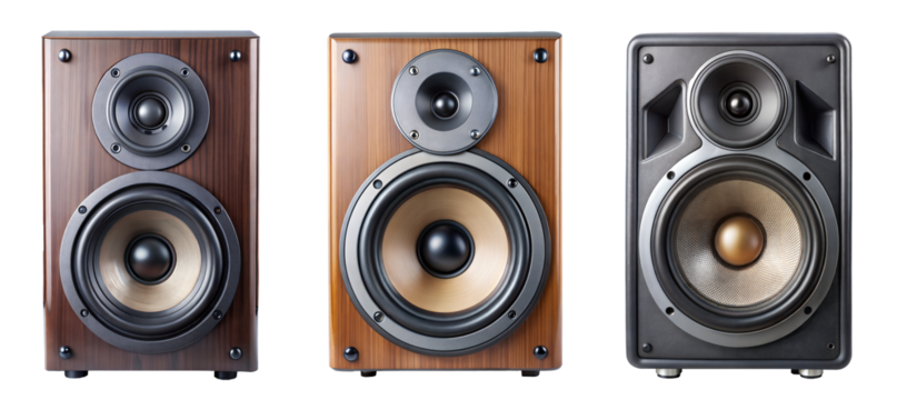 Collection of three modern speaker units in wood and matte black finishes, showcasing different woofer and tweeter designs for high-quality audio performance, isolated on a white background. PNG, 