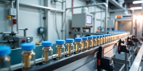 pharmaceutical production featuring a glass ampoule containing vaccine moving along an automatic conveyor line 3d render illustration
