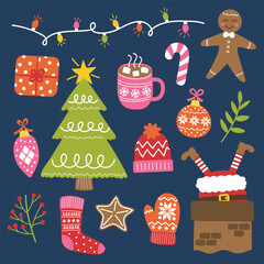 Set with colourful hand drawn Christmas elements. Christmas tree, ball, present, sock, cookie, cup, hat, sweater, gloves. Vector illustration