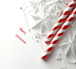 Fototapeta premium Two christmas candy canes are lying on decorative snowflakes with merry christmas writing, creating a festive winter scene