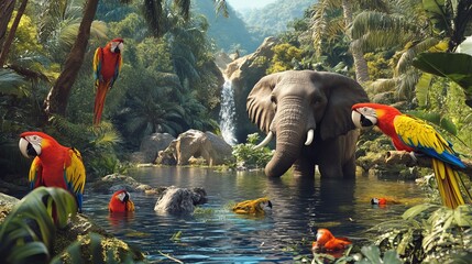 Unique animals in their natural habitats: elephants, parrots, monkeys, and more.