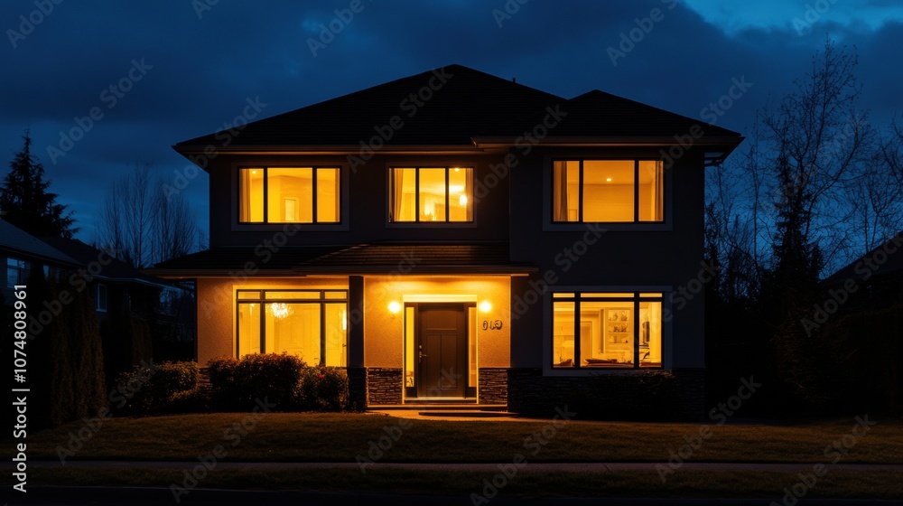 Aufkleber the contemporary residence stands quietly at night, glowing light from windows and illuminated alarm