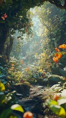 Enchanting sunlit forest path with vibrant flowers and butterflies