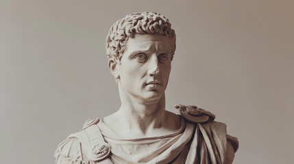 Close-up of a marble bust of a man with a serious expression.